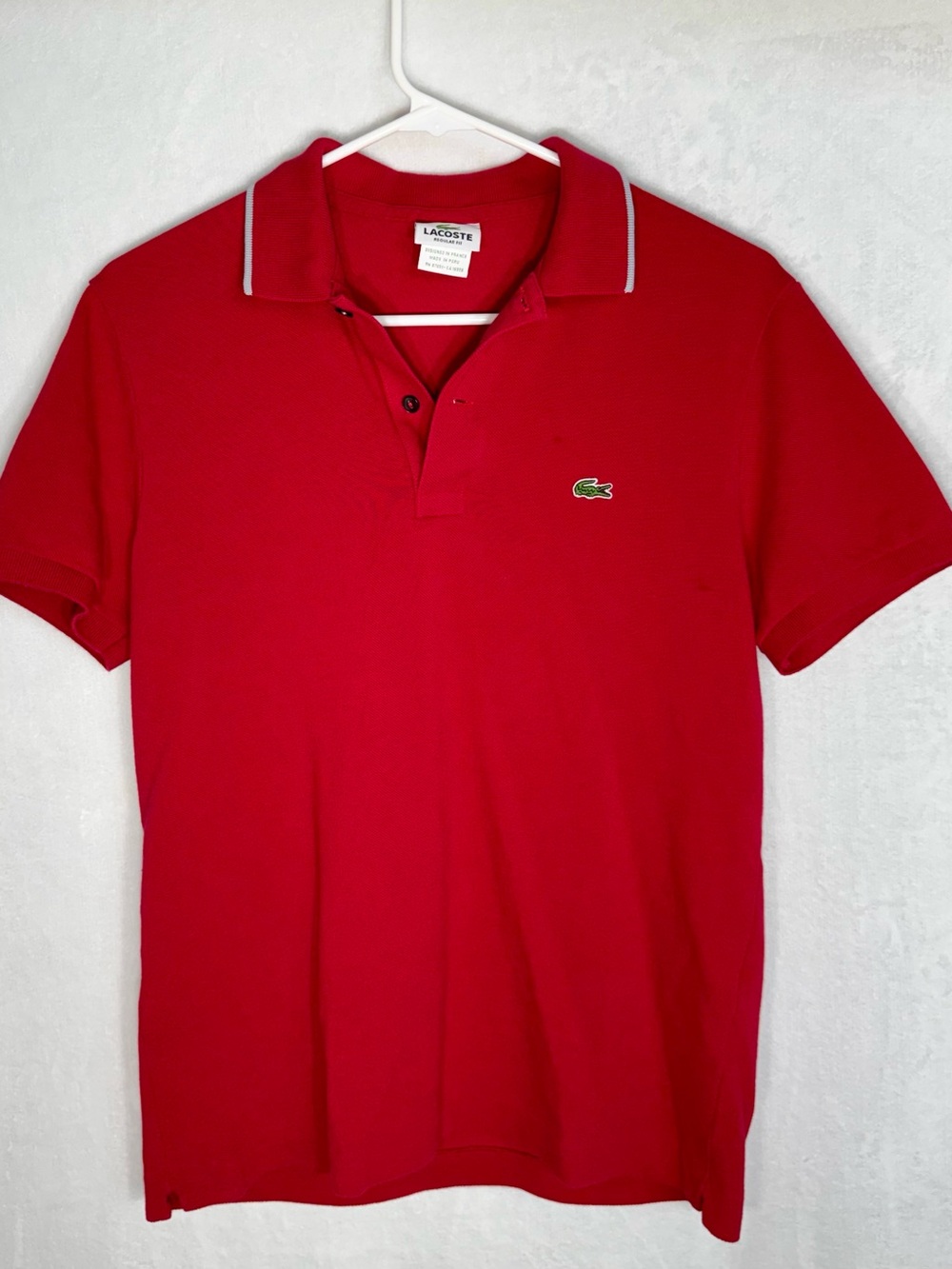 Lacoste Men Red Solid Crocodile Logo Button Collared Knit Polo Shirt
